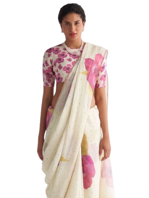 Women's Linen Printed Saree With Unstitched Blouse 5.5Mtr (White)