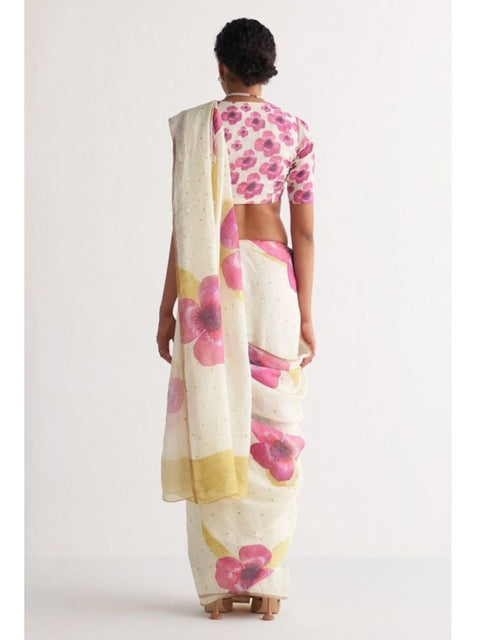 Women's Linen Printed Saree With Unstitched Blouse 5.5Mtr (White)