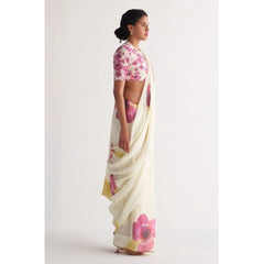 Generic Women's Linen Printed Saree With Unstitched Blouse 5.5Mtr (White)