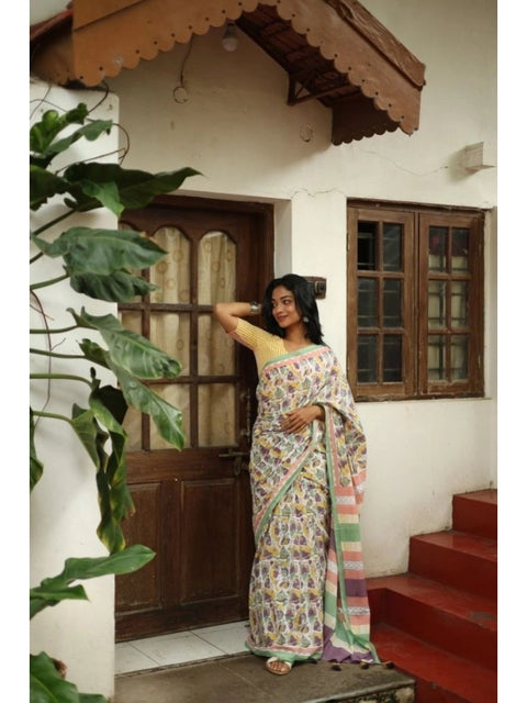 Women's Linen Printed Saree With Unstitched Blouse 5.5Mtr (Multicolor)