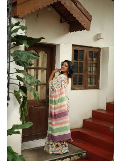 Women's Linen Printed Saree With Unstitched Blouse 5.5Mtr (Multicolor)
