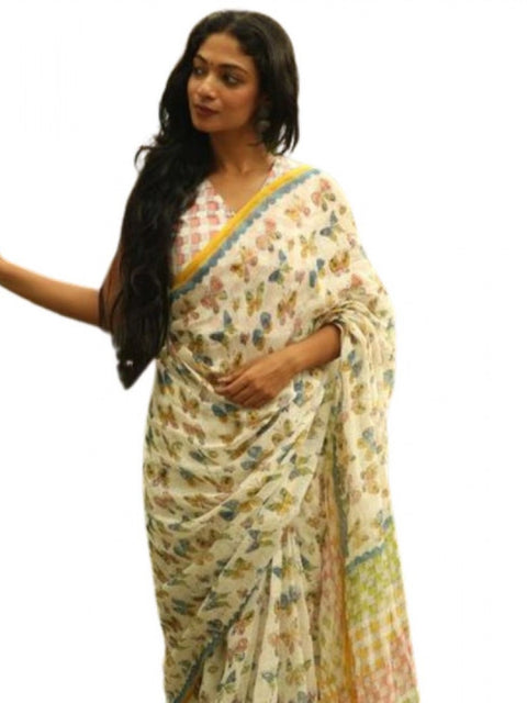 Women's Linen Printed Saree With Unstitched Blouse 5.5Mtr (White)