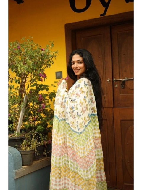 Women's Linen Printed Saree With Unstitched Blouse 5.5Mtr (White)