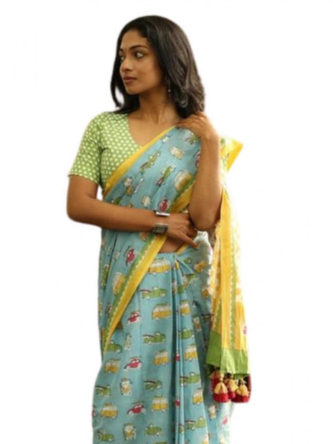 Women's Linen Printed Saree With Unstitched Blouse 5.5Mtr (Blue)