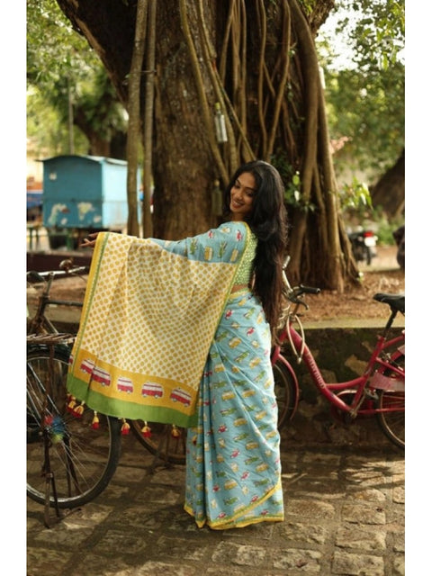 Women's Linen Printed Saree With Unstitched Blouse 5.5Mtr (Blue)