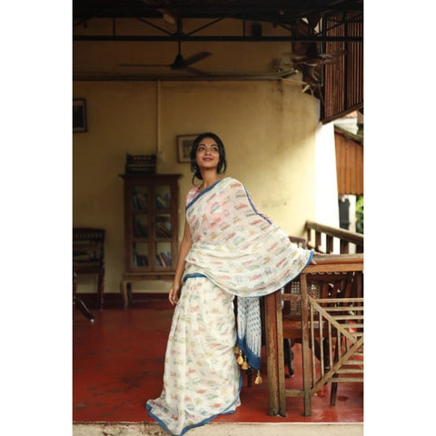 Generic Women's Linen Printed Saree With Unstitched Blouse 5.5Mtr (White)