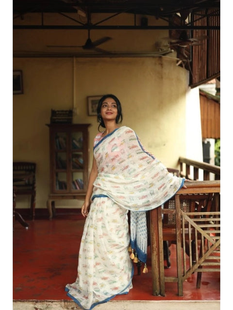 Women's Linen Printed Saree With Unstitched Blouse 5.5Mtr (White)