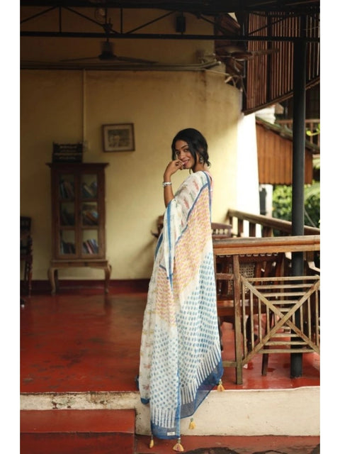 Women's Linen Printed Saree With Unstitched Blouse 5.5Mtr (White)
