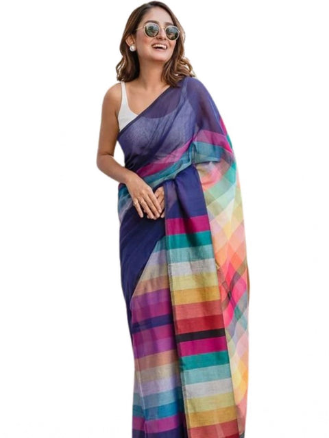 Women's Linen Printed Saree With Unstitched Blouse 5.5Mtr (Navy)