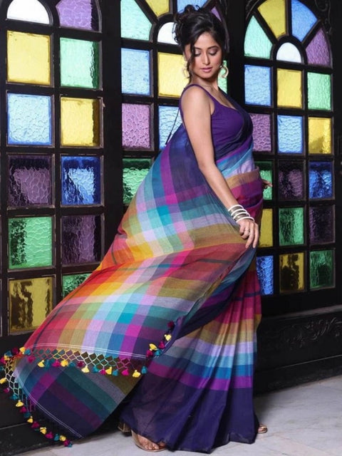 Women's Linen Printed Saree With Unstitched Blouse 5.5Mtr (Navy)