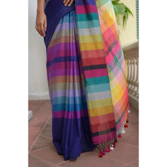 Generic Women's Linen Printed Saree With Unstitched Blouse 5.5Mtr (Navy)