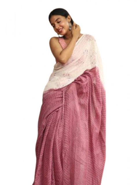 Women's Linen Printed Saree With Unstitched Blouse 5.5Mtr (White)