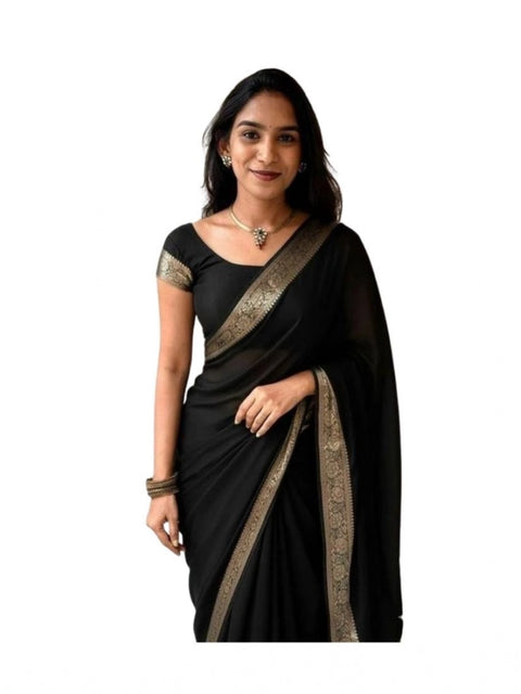 Women's Vichitra Silk Printed Saree With Unstitched Blouse 5.5Mtr (Black)