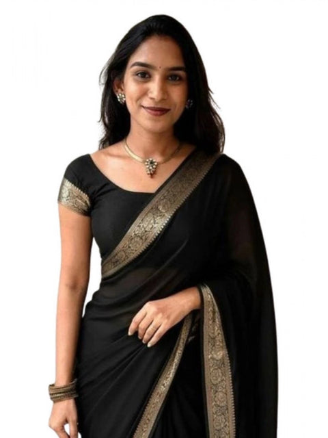 Women's Vichitra Silk Printed Saree With Unstitched Blouse 5.5Mtr (Black)