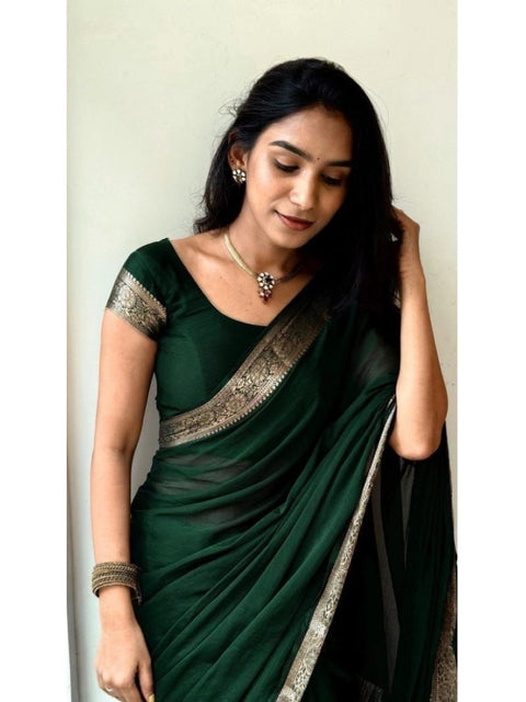 Women's Vichitra Silk Printed Saree With Unstitched Blouse 5.5Mtr (Green)