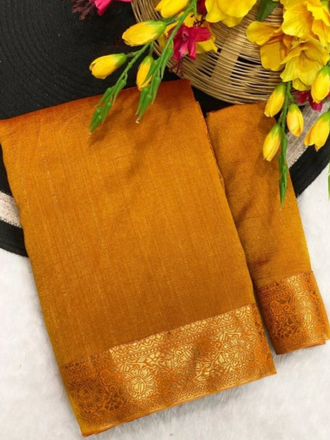 Women's Vichitra Silk Printed Saree With Unstitched Blouse 5.5Mtr (Mustard)