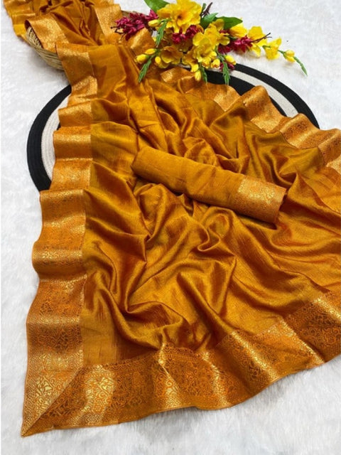 Women's Vichitra Silk Printed Saree With Unstitched Blouse 5.5Mtr (Mustard)