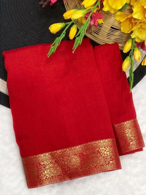 Women's Vichitra Silk Printed Saree With Unstitched Blouse 5.5Mtr (Red)