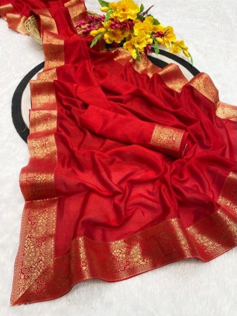 Women's Vichitra Silk Printed Saree With Unstitched Blouse 5.5Mtr (Red)