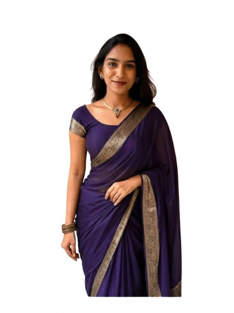 Women's Vichitra Silk Printed Saree With Unstitched Blouse 5.5Mtr (Purple)