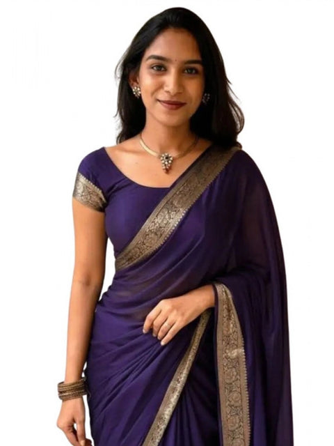 Women's Vichitra Silk Printed Saree With Unstitched Blouse 5.5Mtr (Purple)