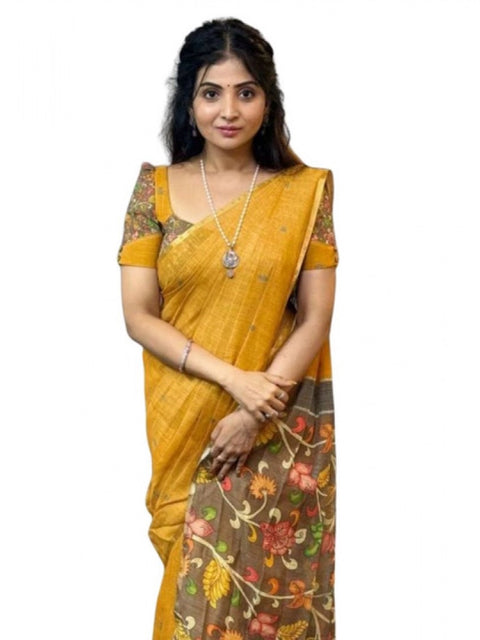 Women's Linen Printed Saree With Unstitched Blouse 5.5Mtr (Mustard)