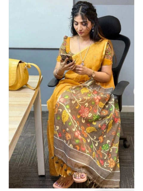 Women's Linen Printed Saree With Unstitched Blouse 5.5Mtr (Mustard)