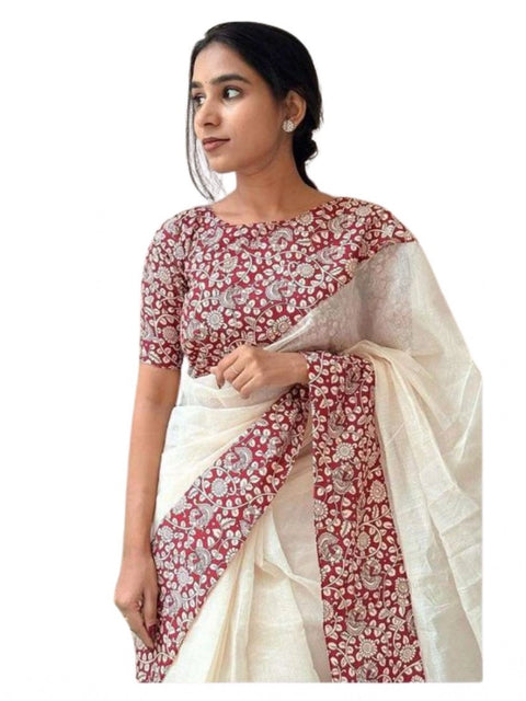 Women's Linen Printed Saree With Unstitched Blouse 5.5Mtr (White)