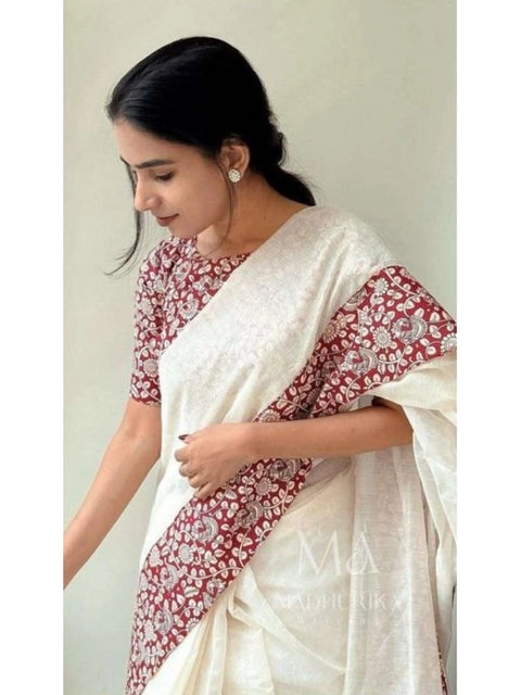 Women's Linen Printed Saree With Unstitched Blouse 5.5Mtr (White)