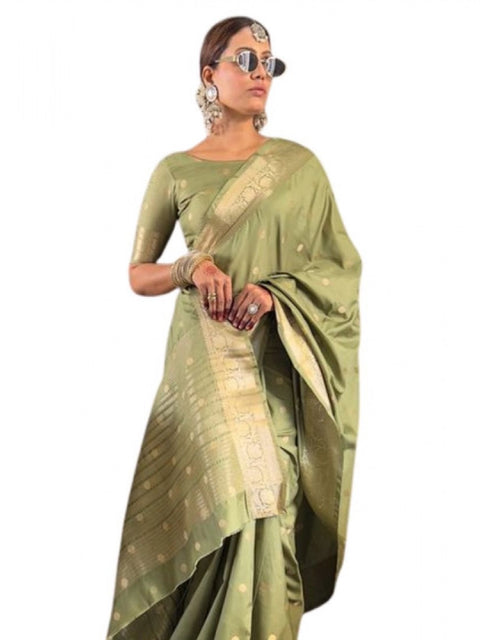Women's Satin Printed Saree With Unstitched Blouse 5.5Mtr (Green)