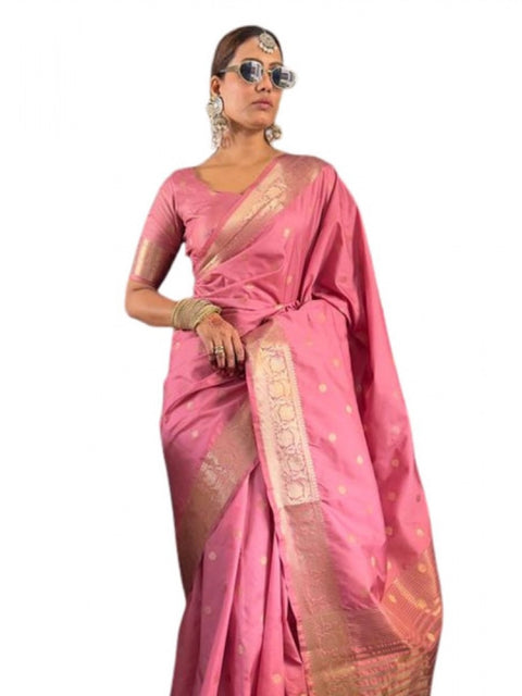 Women's Satin Printed Saree With Unstitched Blouse 5.5Mtr (Pink)
