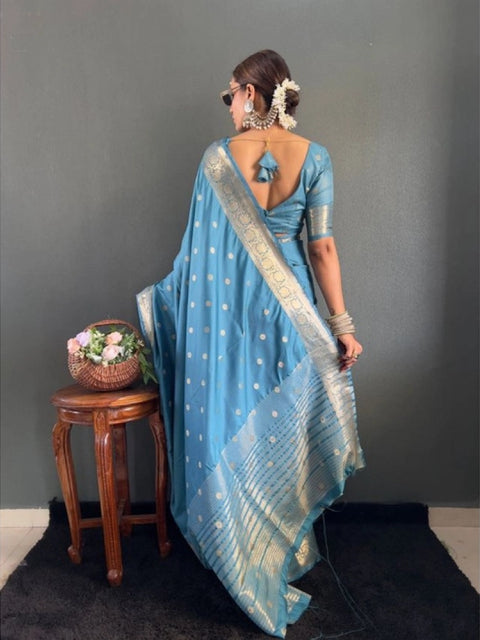Women's Satin Printed Saree With Unstitched Blouse 5.5Mtr (light Blue)