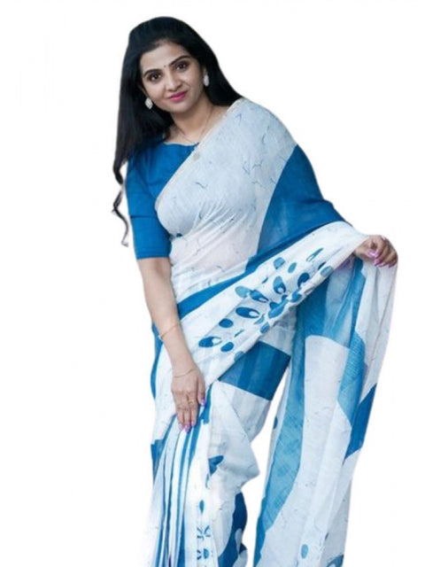 Women's Linen Printed Saree With Unstitched Blouse 5.5Mtr (White)