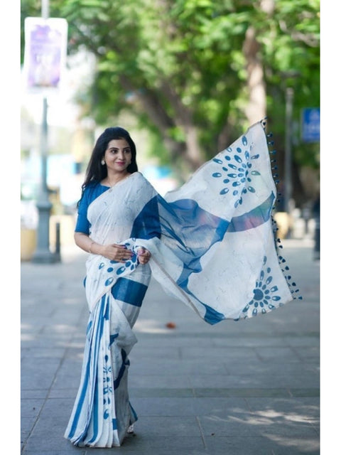 Women's Linen Printed Saree With Unstitched Blouse 5.5Mtr (White)