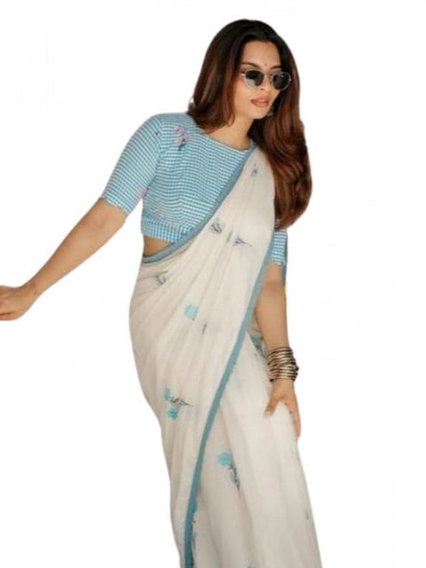 Women's Linen Printed Saree With Unstitched Blouse 5.5Mtr (White)