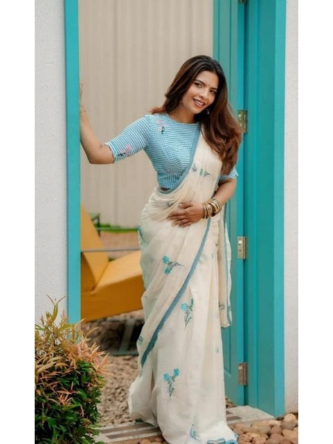 Women's Linen Printed Saree With Unstitched Blouse 5.5Mtr (White)