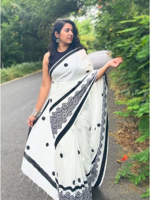 Women's Linen Printed Saree With Unstitched Blouse 5.5Mtr (White)