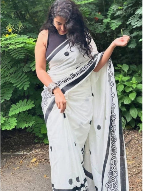 Women's Linen Printed Saree With Unstitched Blouse 5.5Mtr (White)