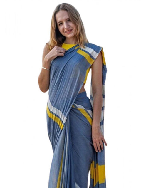 Women's Linen Printed Saree With Unstitched Blouse 5.5Mtr (Blue)