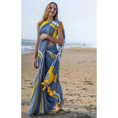 Generic Women's Linen Printed Saree With Unstitched Blouse 5.5Mtr (Blue)