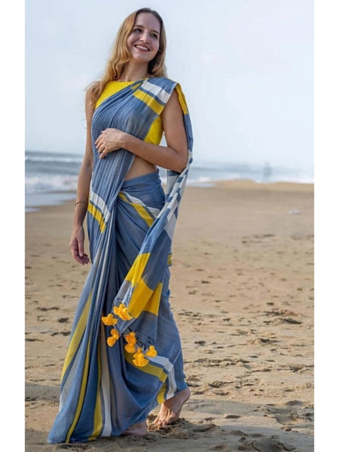 Women's Linen Printed Saree With Unstitched Blouse 5.5Mtr (Blue)