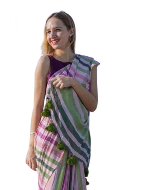 Women's Linen Printed Saree With Unstitched Blouse 5.5Mtr (Pink)
