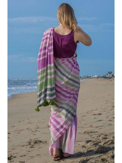 Women's Linen Printed Saree With Unstitched Blouse 5.5Mtr (Pink)