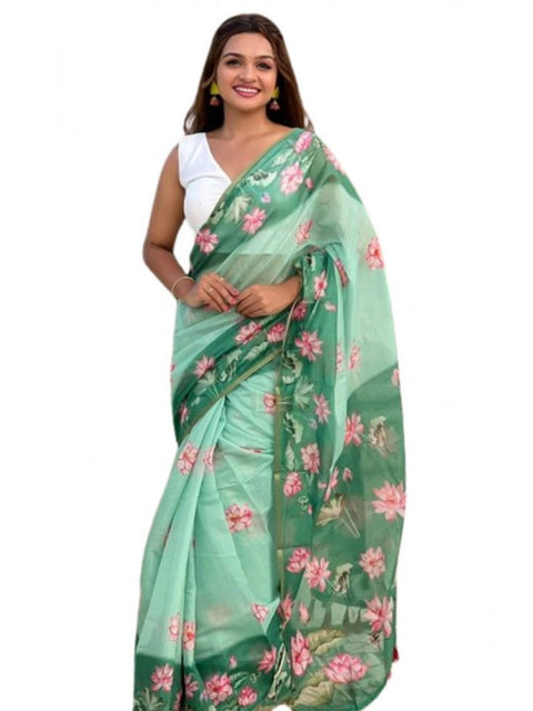 Women's Linen Printed Saree With Unstitched Blouse 5.5Mtr (Green)