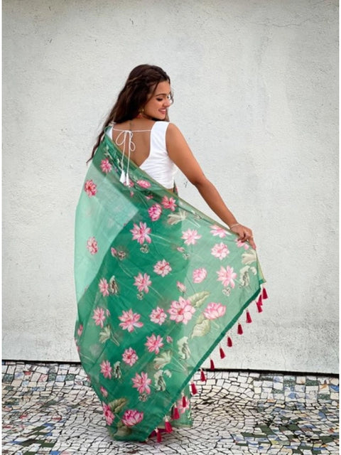 Women's Linen Printed Saree With Unstitched Blouse 5.5Mtr (Green)