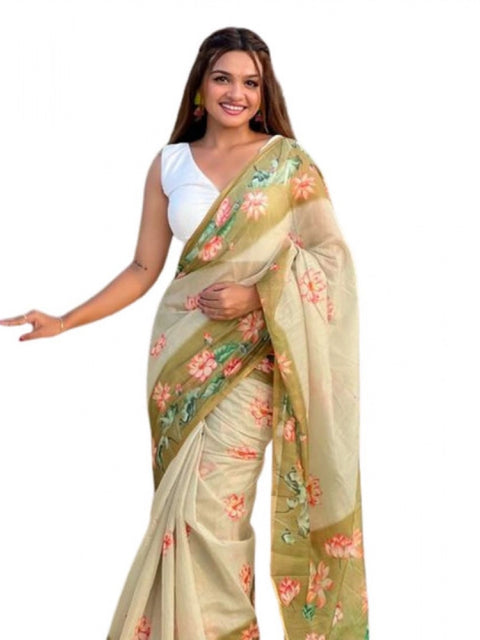 Women's Linen Printed Saree With Unstitched Blouse 5.5Mtr (Mahendi)
