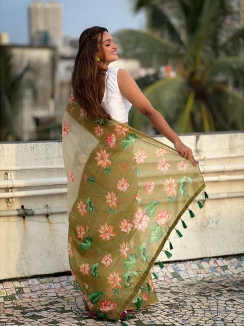 Women's Linen Printed Saree With Unstitched Blouse 5.5Mtr (Mahendi)