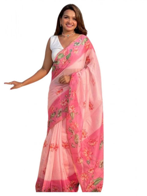 Women's Linen Printed Saree With Unstitched Blouse 5.5Mtr (Pink)