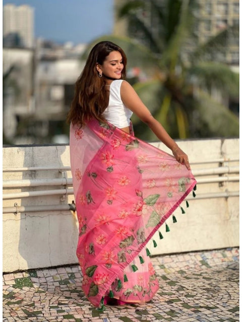 Women's Linen Printed Saree With Unstitched Blouse 5.5Mtr (Pink)