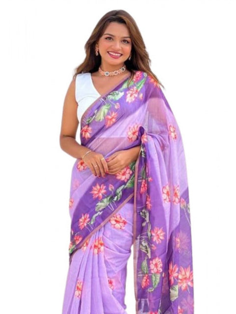 Women's Linen Printed Saree With Unstitched Blouse 5.5Mtr (Purple)